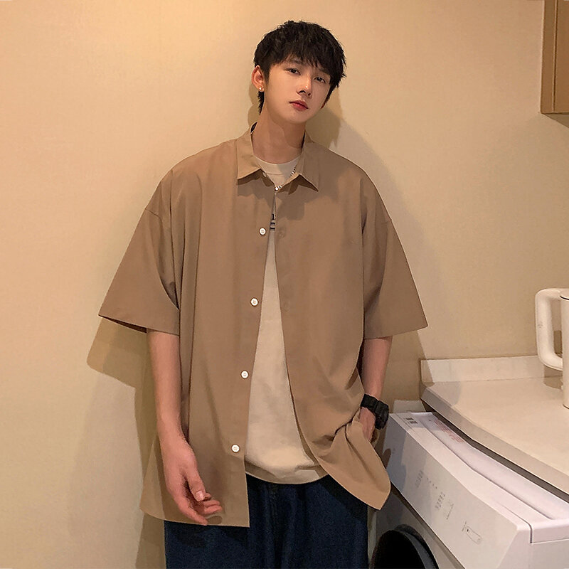 Рубашка мужская оверсайз с коротким рукавом, Повседневная блузка свободного покроя, модная шикарная сорочка в Корейском стиле, однотонная уличная одежда, лето