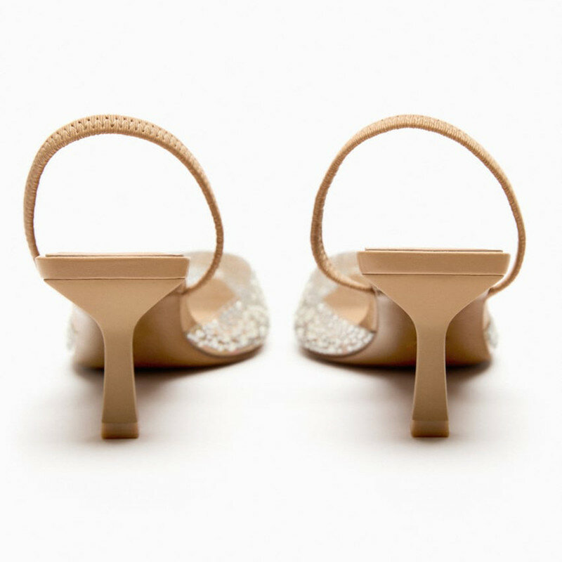 TRAF letnie kobiety sandały z wysokimi obcasami 2023 mody perłowa dekoracja Slingback kobiety czółenka buty w szpic na wysokim obcasie eleganckie buty damskie