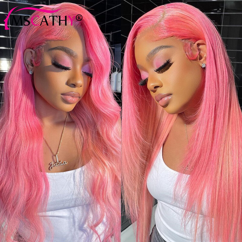 Różowa peruki typu Lace front do ciała dla kobiet HD przezroczysta koronka brazylijska peruka z ludzkimi włosami 4x4 bezklejowe peruki gotowe do użycia