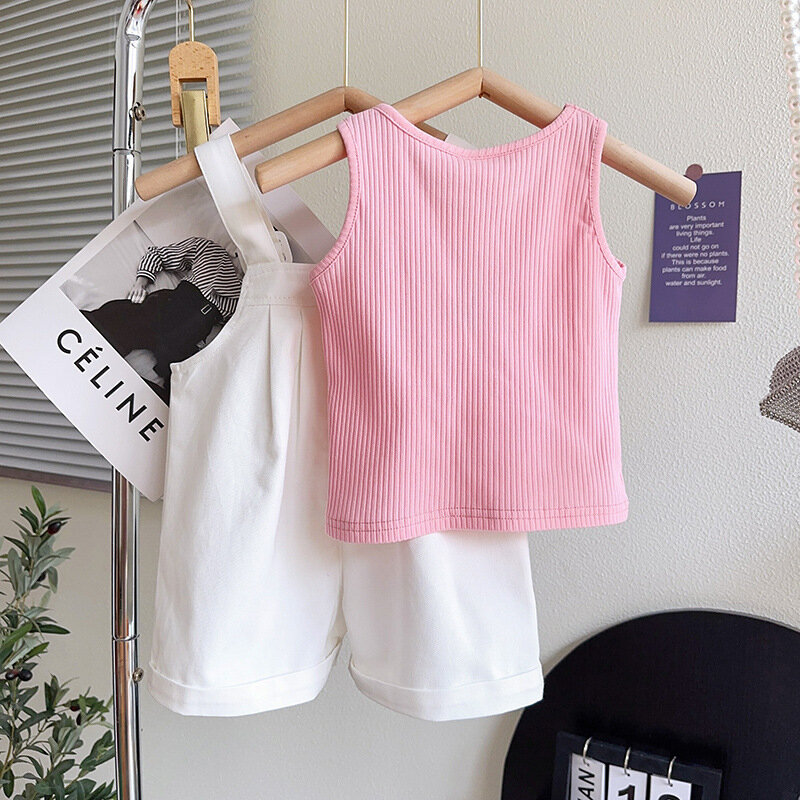 Meisjes Pakken Zomer Mouwloos T-Shirt + Jumpsuit 2 Stuks Mode Koreaanse Kinderen Vrijetijdskleding Tweedelige Set Kinderkleding 2-7 Jaar