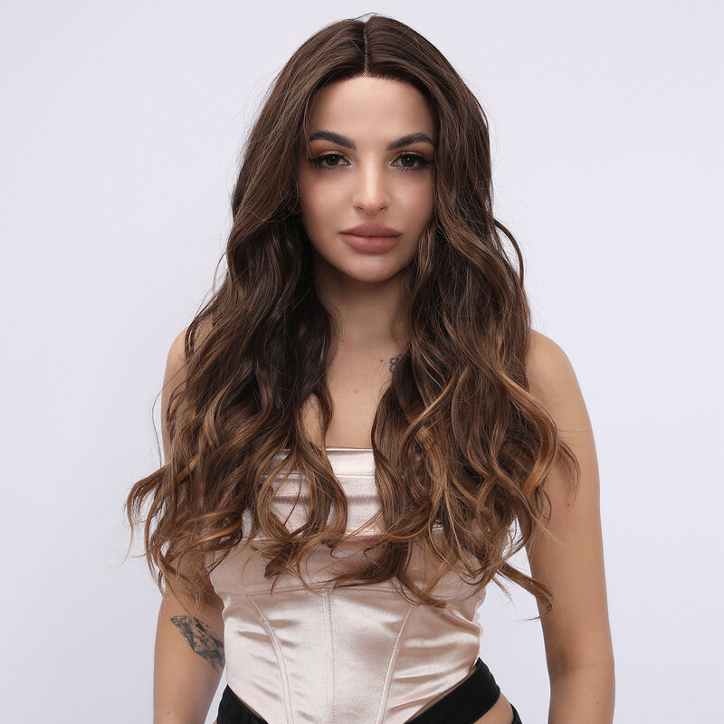 Smilco Omber Brown Synthetic Lace Front Curly Wigs For Women Middle Part Wave Hair Wig Daily Cosplay Party Włosy termoodporne