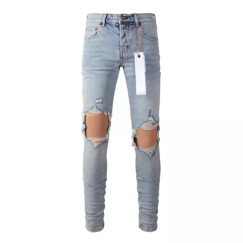 ROCA ungu kualitas terbaik 2024ss baru merek jeans modis biru muda lubang lutut, slim fit, mode perbaikan 28-40 celana ukuran