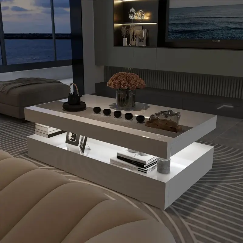 Table basse moderne à haute brillance avec lumière LED RVB, tables centrales, chaises de salon, meubles de salle à manger