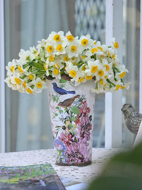 Волнистая кружевная ваза с цветочным принтом, металлическое ведро для украшения, в стиле ретро, Оригинальная ваза, украшение для дома и рабочего стола