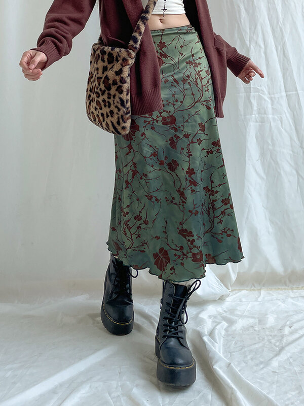 SUCHCUTE Y2k Hoa Vintage In Midi Váy Nữ Harajuku Fairycore Xanh Thẳng Váy Maxi Thẩm Mỹ Ngọt Quần Áo Bé Gái