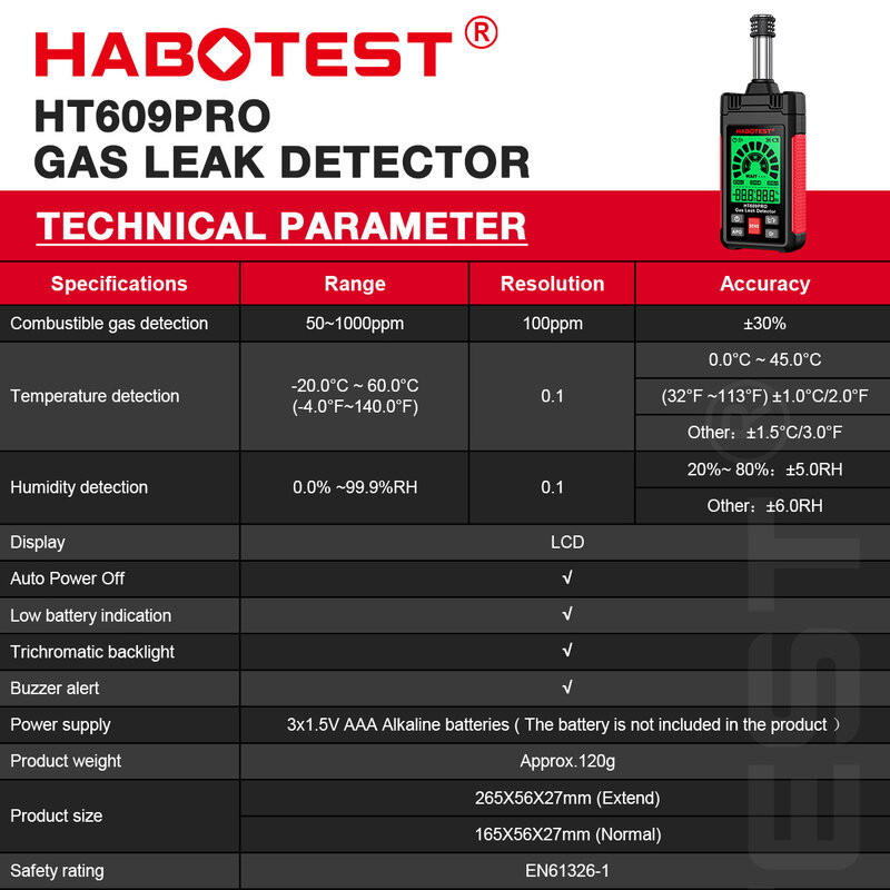 HABOTEST HT609Pro detektor kebocoran Gas, detektor kebocoran Gas dengan pengukur suhu dan kelembaban portabel, akurat, sensitivitas tinggi, respons cepat