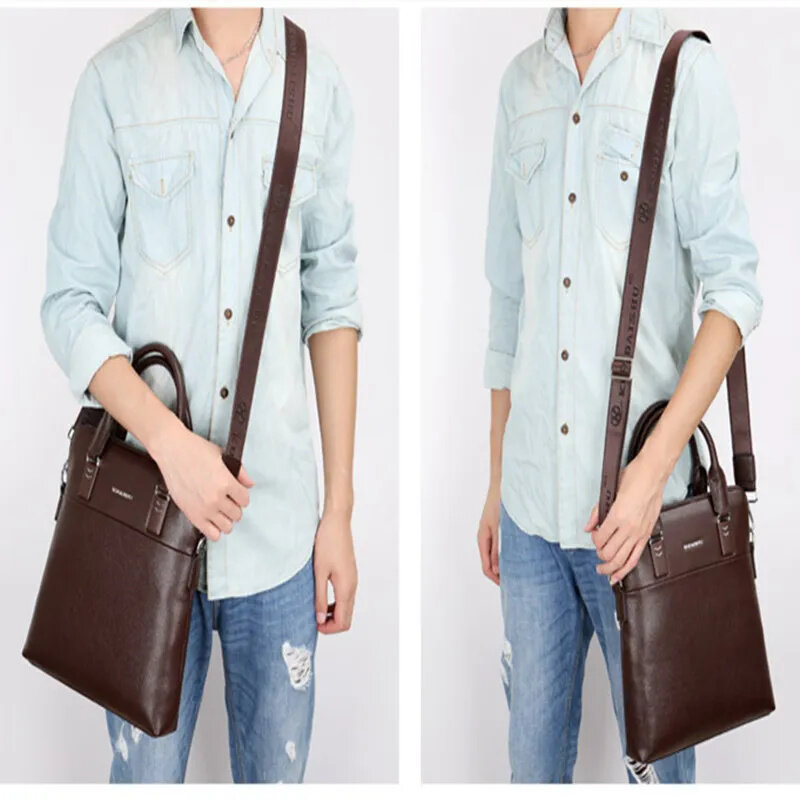 Maleta vertical vintage com zíper para homens, bolsa de couro de alta qualidade, bolsa de ombro casual masculina
