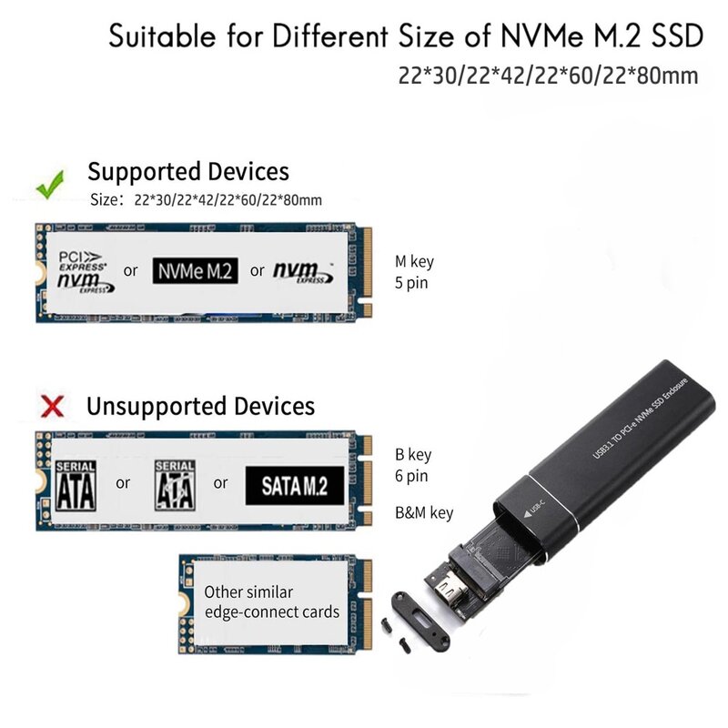 Boîtier de stockage externe SSD pour ordinateur portable, boîtier de disque dur, NVMe, USB 3.1, 10Gbps, PCIe, NGFF, SATA
