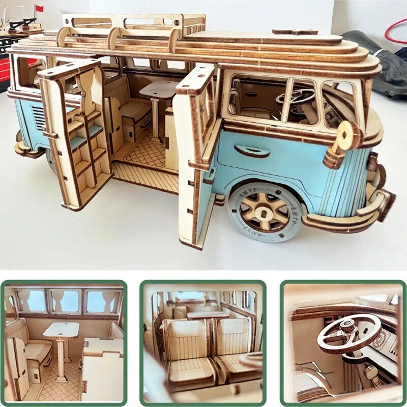 Retro autobus w europejskim stylu Campervan 3D drewniany samochód Puzzle DIY żaglowiec budynek samolotu Model domowy zabawki-puzzle dla dzieci