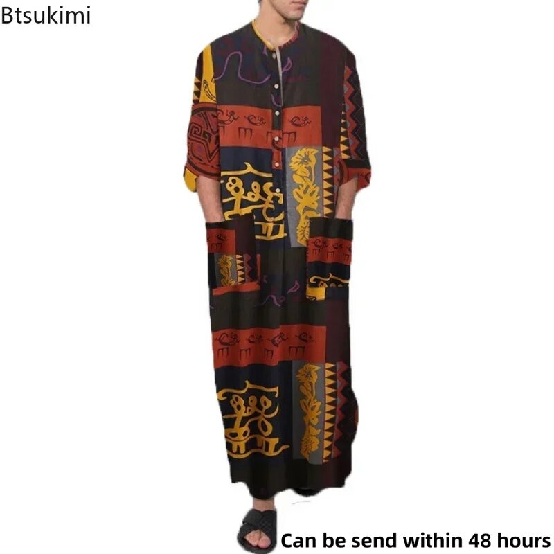 Vestido de Abaya árabe islámico para hombre, Túnica de manga larga con bolsillos lisos, Estilo Vintage, Abaya de Arabia Saudita, caftán musulmán, novedad de 2024