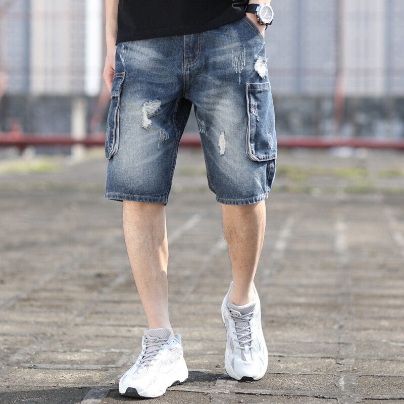 Pantalones cortos de mezclilla para hombre, Shorts sueltos con múltiples bolsillos, Verano