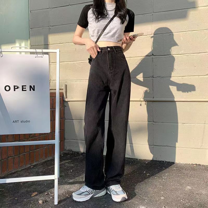 Women's Spring and Autumn 2023 New Loose Thin Drape Wide-leg Mopping Pants Black High-waist Ripped Straight-leg Classic Jeans