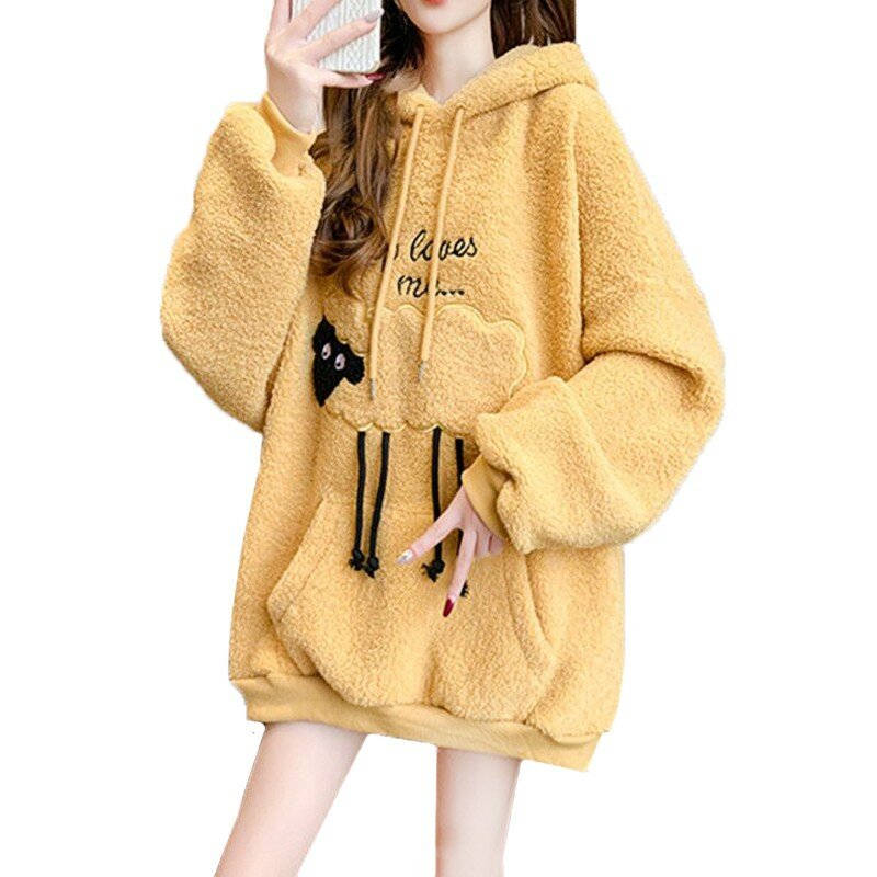 Hoggerel Capuz Imitação Camisola De Lã De Cordeiro Hoodies das Mulheres Fleece-forrado Engrossar Inverno Solto Top Coat Y2k Nova Moda Outono
