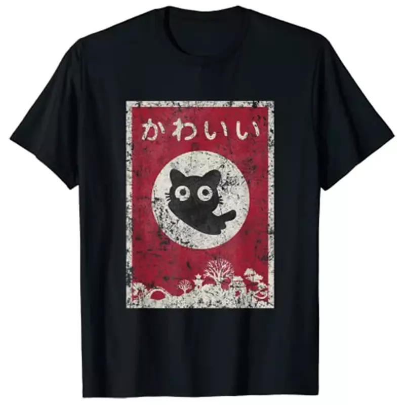 เสื้อเสื้อยืด Kitty ลายการ์ตูนแมวญี่ปุ่นสีดำน่ารักเสื้อผ้า Y2k ผู้หญิงลายการ์ตูนลูกแมวกราฟิกเสื้อยืดแขนสั้นสไตล์ฮาราจูกุ