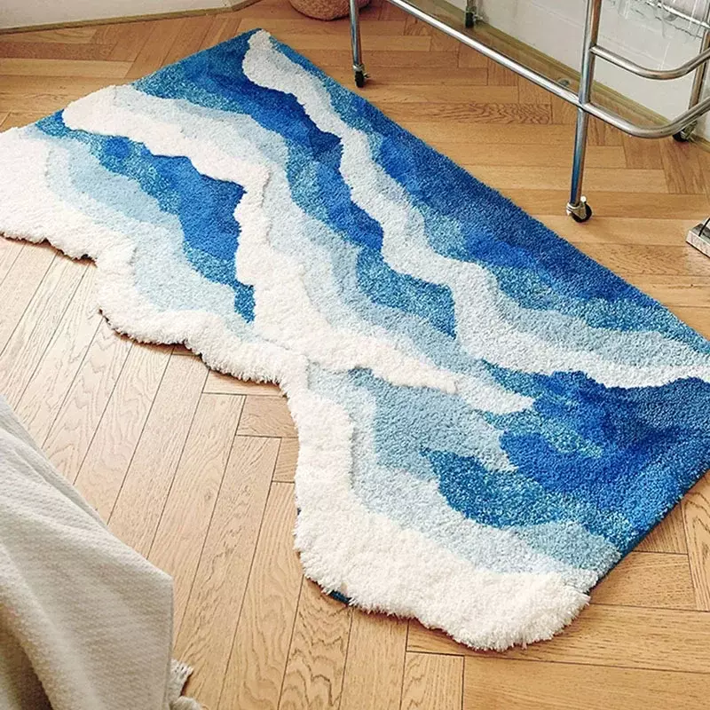 Flocagem anti-derrapante azul mar adornado tapete, tapete estético onda para banheiro, decoração da casa, kid room, cabeceira tapete, alta qualidade