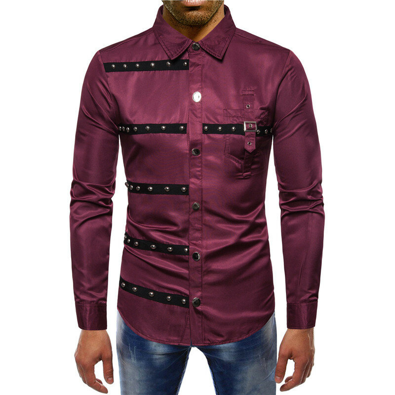 Nuova camicia da uomo Vintage rivetto Stripe risvolto manica lunga camicie Slim Streetwear uomo abito da sera gotico camicie Ropa Gotica Hombre