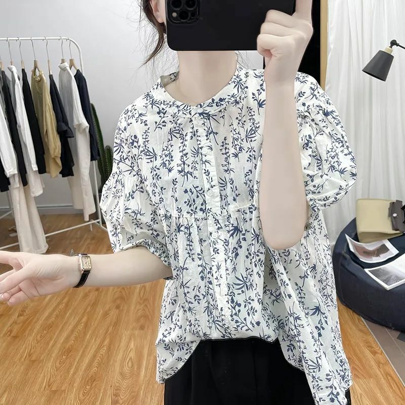 Elegant Fashion Harajuku Slim Fit Female Clothes Loose Casual All Match Tops Women Printed Button O Neck Short Sleeve Blusa