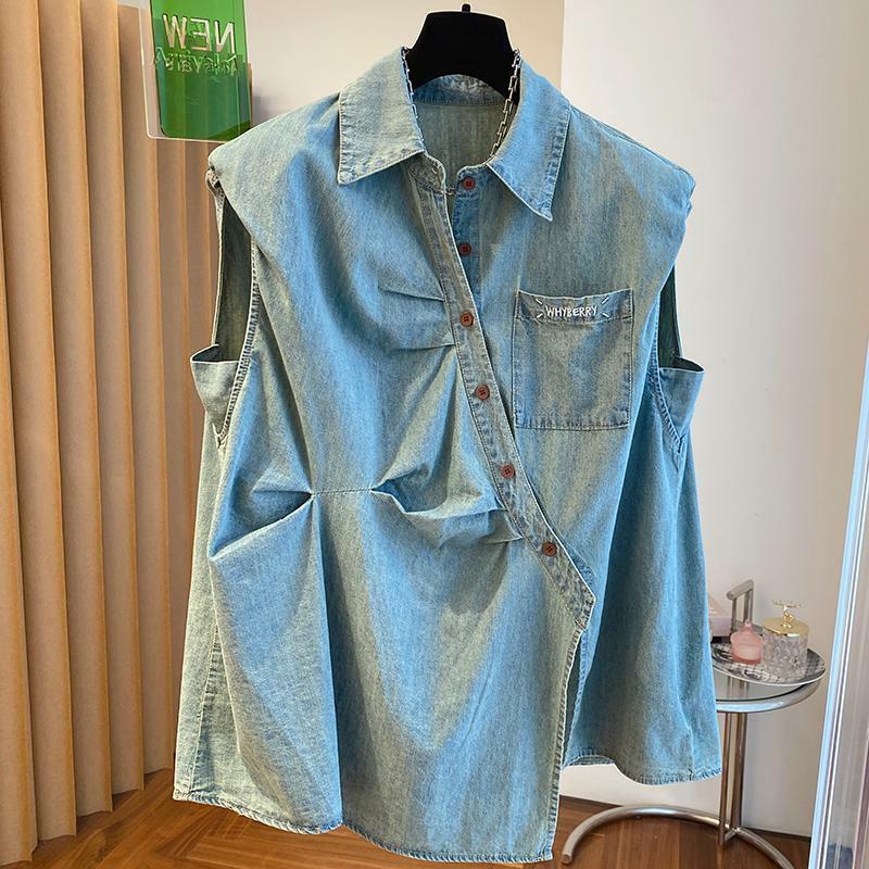 Women's Summer New Retro Patchwork Pocket Ruched Polo Collar Denim Vest Shirt Sleeveless Diagonal Button Solid Color Casual Tops