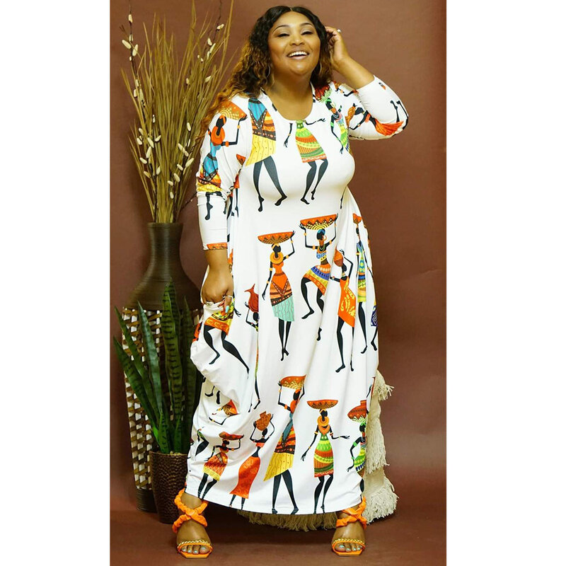 L-4XL Plus Size Dresses for Women Clothing Outfits 2022 Fall Print Long Sleeve Loose African Maxi Dress Wholesale Dropshipping