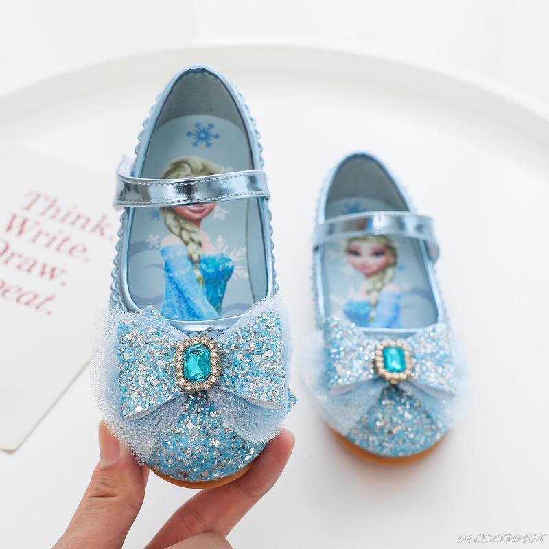 Disney-zapatos de fondo suave para bebé, zapatillas de princesa con dibujos animados de Elsa, de cristal congelado, zapatos planos de cuero para niña con flores
