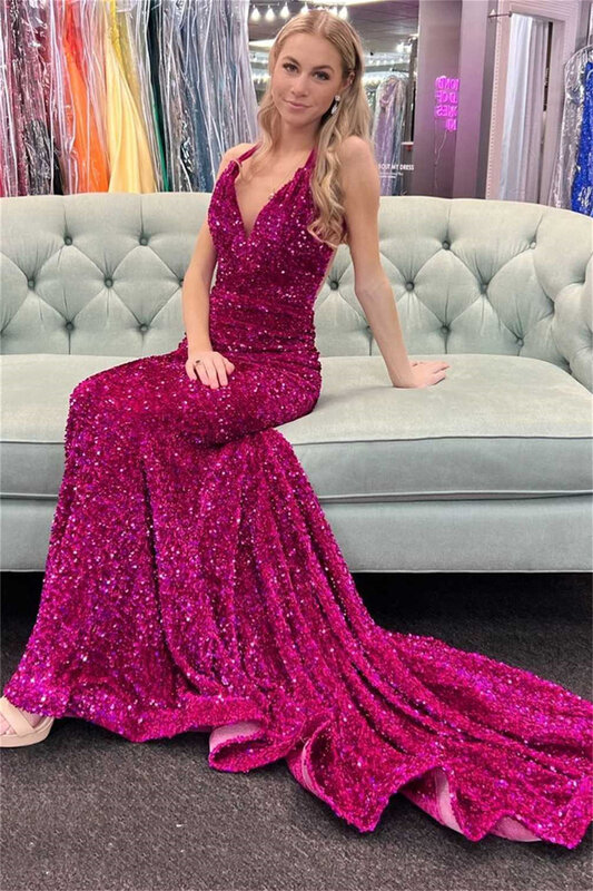 Women's Spaghetti Straps Sequin Prom Dress Long Mermaid Sparkly V Neck Backless Sleeveless Formal Party Evening Ball Gown 2024