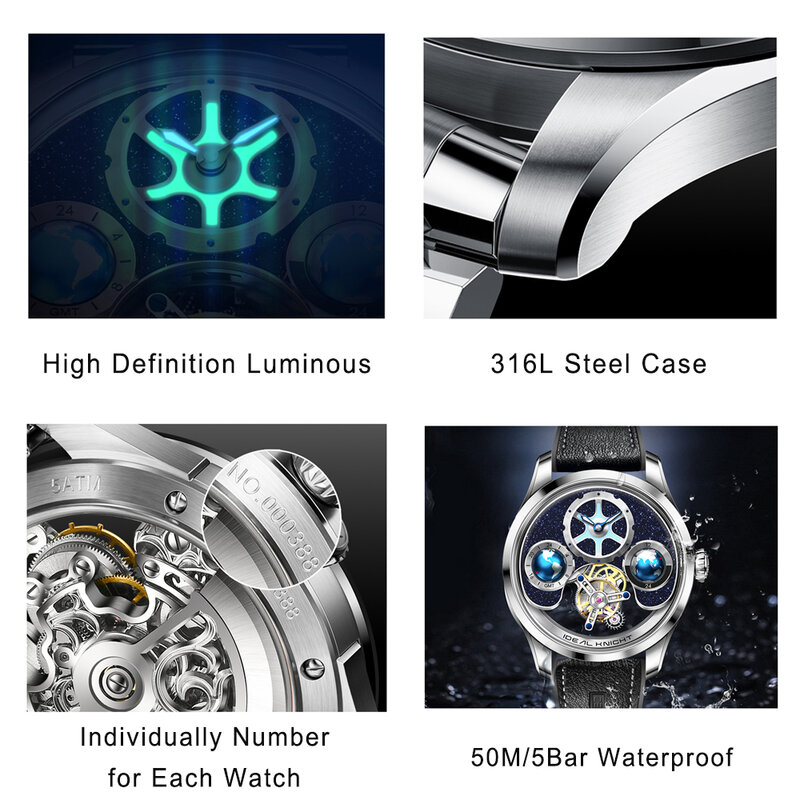 I & K-Tourbillon Relógio de pulso mecânico para homens, impermeável, couro, aço, safira, Blue Earth Skeleton, marca original, luxo