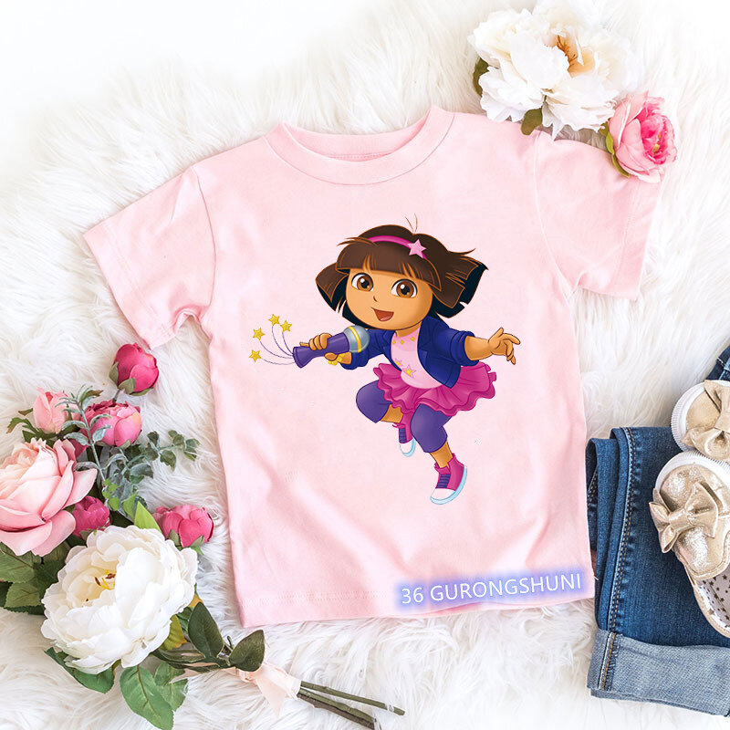Fashion Kawaii Girls T-Shirt Dora Explorer Cartoon Print Kids Tshirt Summer Aesthetic Girls T Shirt Pink Short-Sleeved Tops