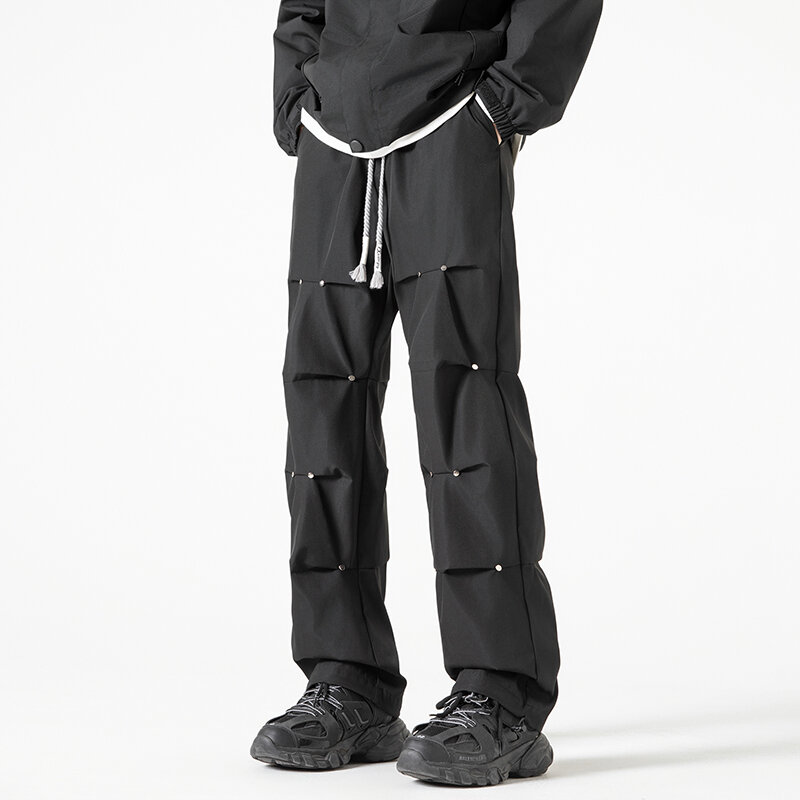 Calça casual de carga masculina coreana, moletom reto, monocromática, calça jogger de rua alta, streetwear masculino, nova primavera