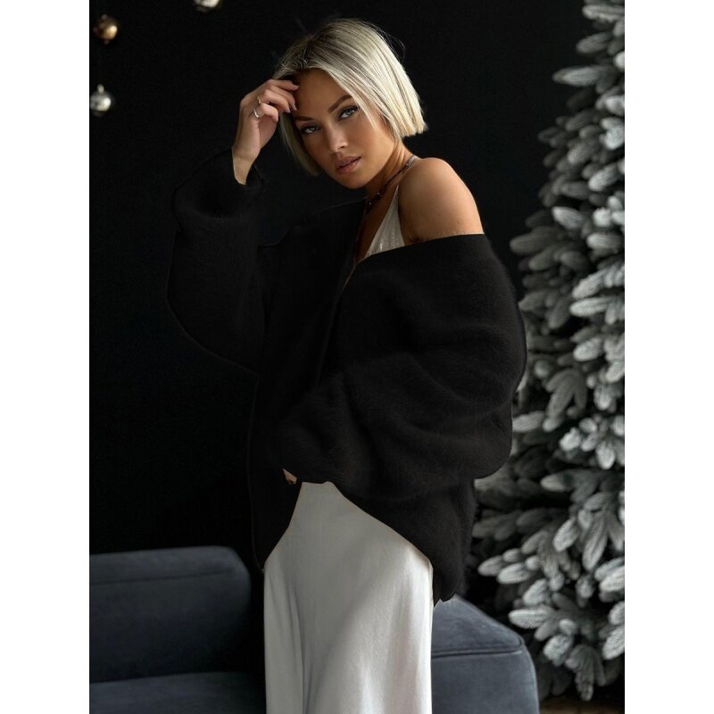 Mink-like Knitted sweater Cardigan European and American 2024 Lazy Loose Long Sleeve V-neck Coat Women