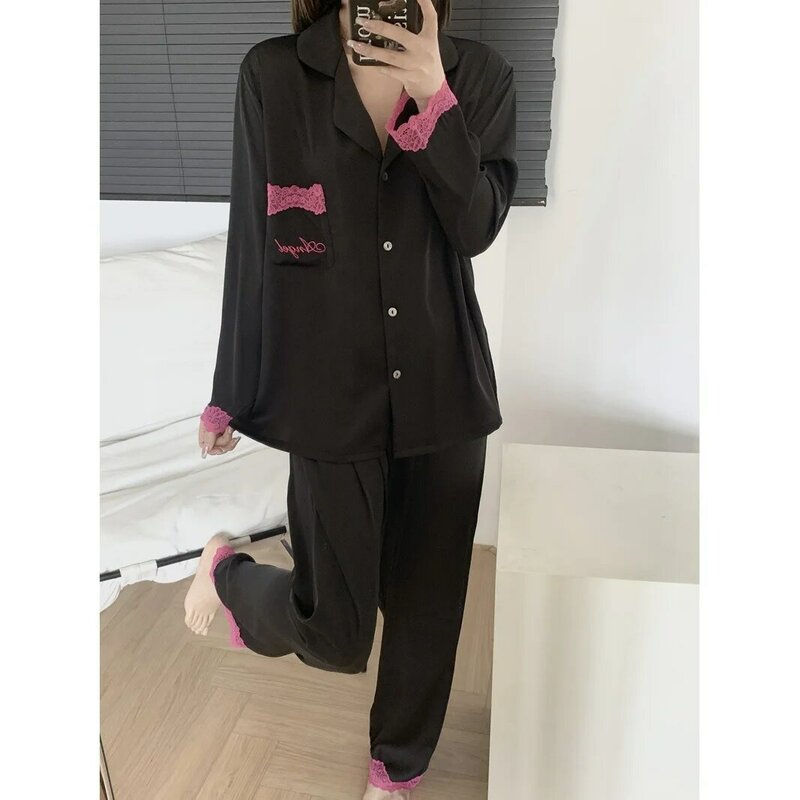 Sexy Black Lace Trim Nightwear Trouser Suits Spring Summer Female Pajamas Silk Satin Loungewear Homewear Two Piece Set Sleepwear