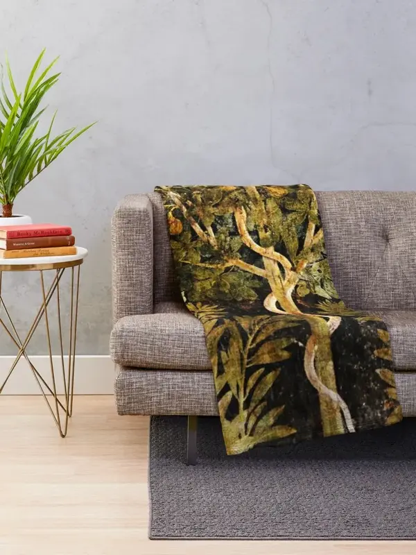 ภาพวาดฝาผนังโบราณรูปงูในต้นมะเดื่อและนกผ้าห่มเตียงผ้าห่มคลุมโซฟาลายดอกไม้สีเขียวดำ
