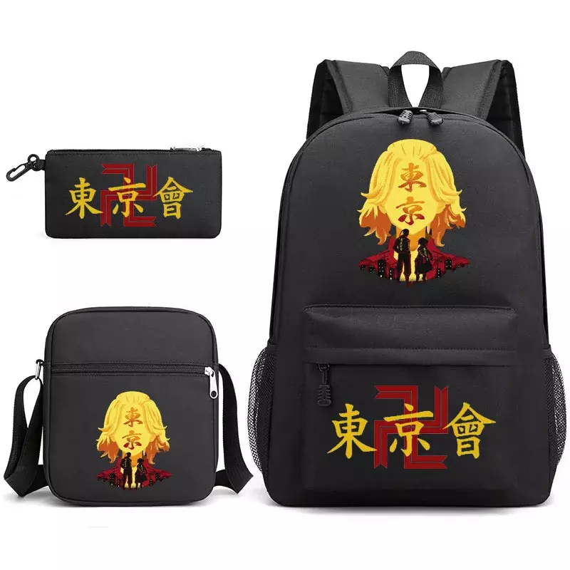 도쿄 리벤저스 프린트 애니메이션 배낭 십대 남성 노트북 가방, 캔버스 학교 가방, 소년 소녀 캐주얼 백팩 3 개 세트