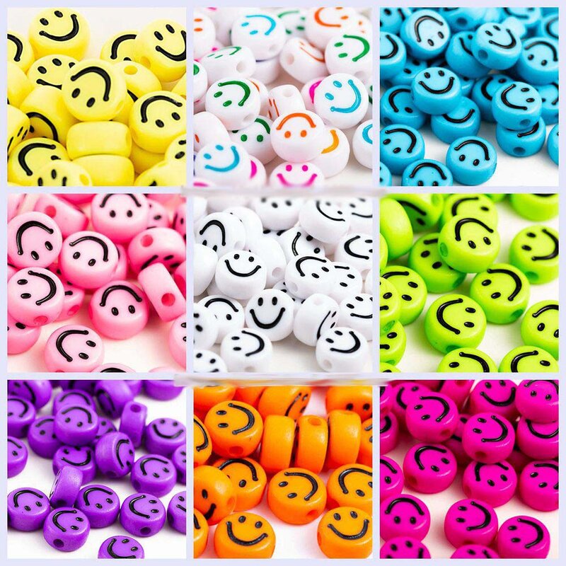 Multicolor Acrílico Sorriso Face Beads para DIY Pulseira, Jóias Fazendo Acessórios, Flat, Round, Cartoon, Sorrindo, Plástico, 100Pcs