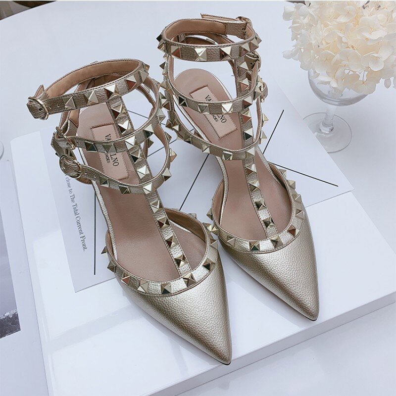 Sandales à lanières en cuir pointues pour femmes, talons hauts à rivets romains en métal, chaussures de fête polyvalentes, Stiletto Lumines41, 256