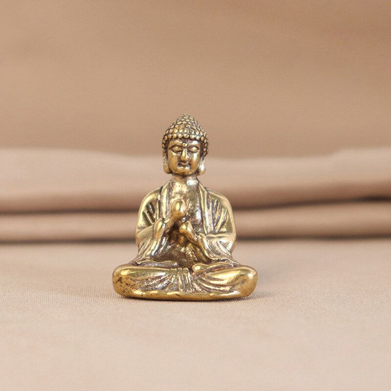 Patung miniatur Buddha Sakyamuni tembaga padat, ornamen patung