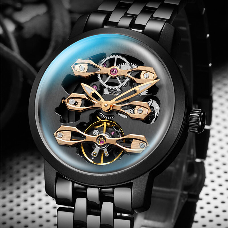 Reloj Mecánico de Tourbillon 3D para hombre, cronógrafo de negocios automático de lujo, resistente al agua, de acero completo