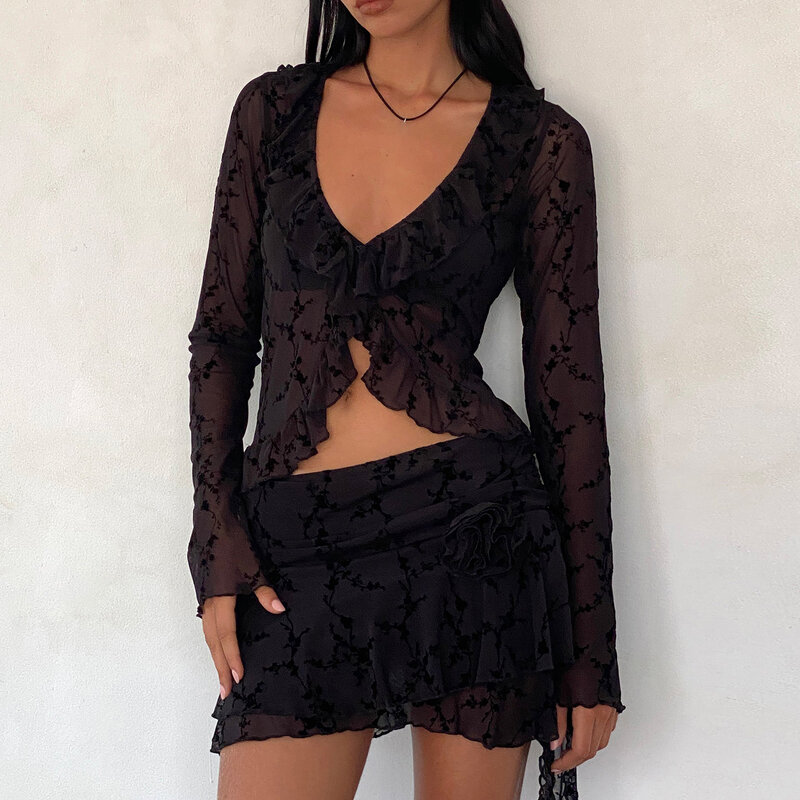 Women's 2 Piece Sexy Lace Skirt Outfits Fashion Long Sleeve V Neck Lace Floral Tops + Black Mini Ruffle Skirt Set