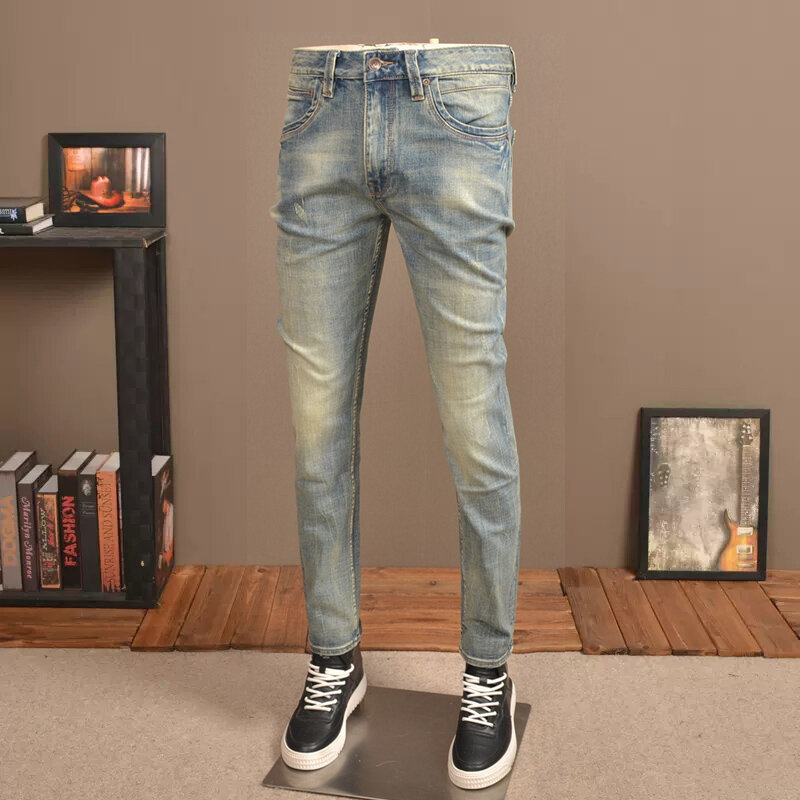 Джинсы мужские в стиле ретро, модные рваные джинсы Slim Fit, винтажные дизайнерские брюки-стрейч, в итальянском стиле