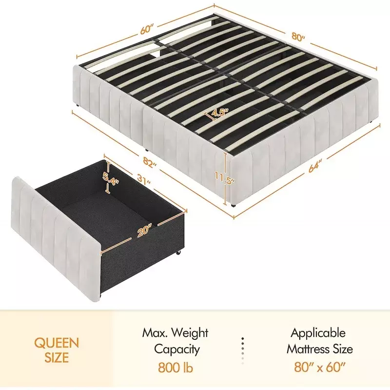 Yaheetech Queen Bett rahmen gepolstertes Plattform bett mit 4 Schubladen, großem Stauraum/starken Holz latten/rutsch fest und