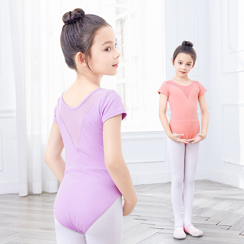 Meisjes Ballet Turnpakje Bodysuit Mesh Splice Kostuums Kinderen Korte Mouw Chiffon Tutu Jurk Kids Ballet Danskleding