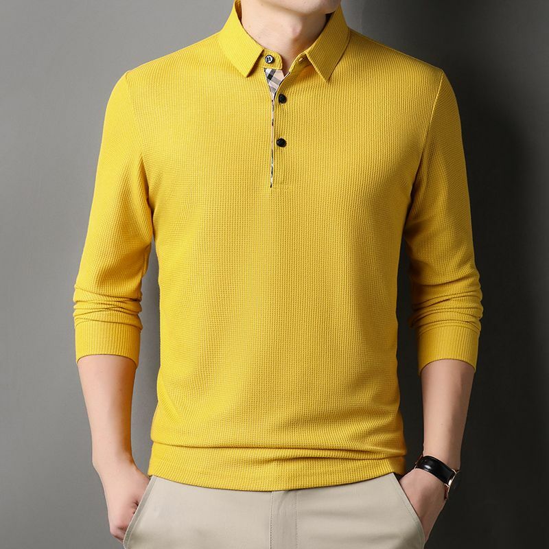 Camisa polo masculina monocromática com gola virada para baixo, camiseta patchwork temperamento, simplicidade roupas de moda, novas, primavera e outono