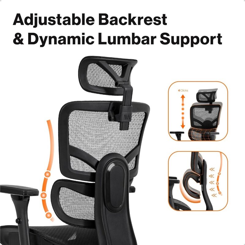 WELLNEW-cadeira ergonômica silenciosa do escritório com encosto de cabeça 3D ajustável, ajustabilidade completa do corpo, braços 4D