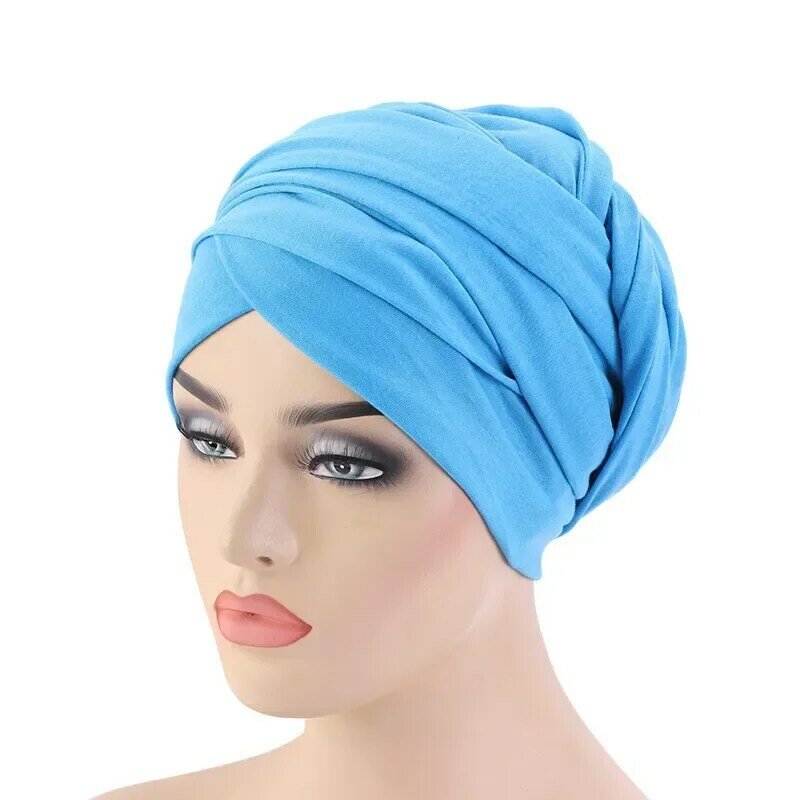 Helisopus New Women Cotton Elastic Headscarf Solid Color Long Tail Head Wrap Indian Hat Muslim Headcover Ladies Hair Accessories