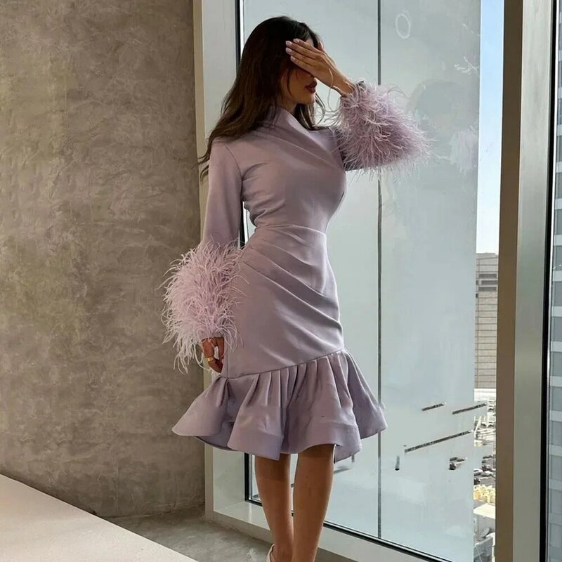 Lavender Evening Dresses For Women Feather Long Sleeve Saudi Arabic Party Prom Dress Knee Length Mermaid Formal Gonws  De Noche