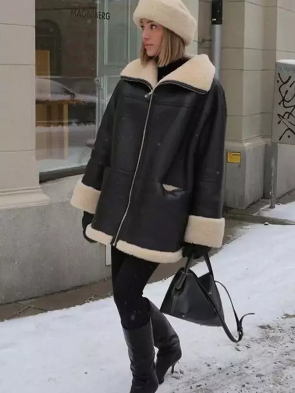 Casaco de pele feminina, casual vintage, jaqueta solta para motociclistas, moda feminina, lapela grossa quente, casaco fofo com zíper, inverno
