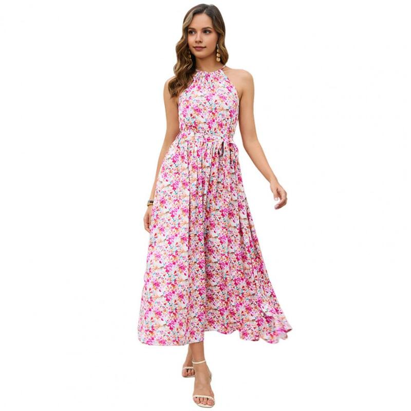 Floral Dress Women Printed Dress Bohemian Beach Style Maxi Dress with Halter Neck Flower Print Women's Summer Sleeveless for A