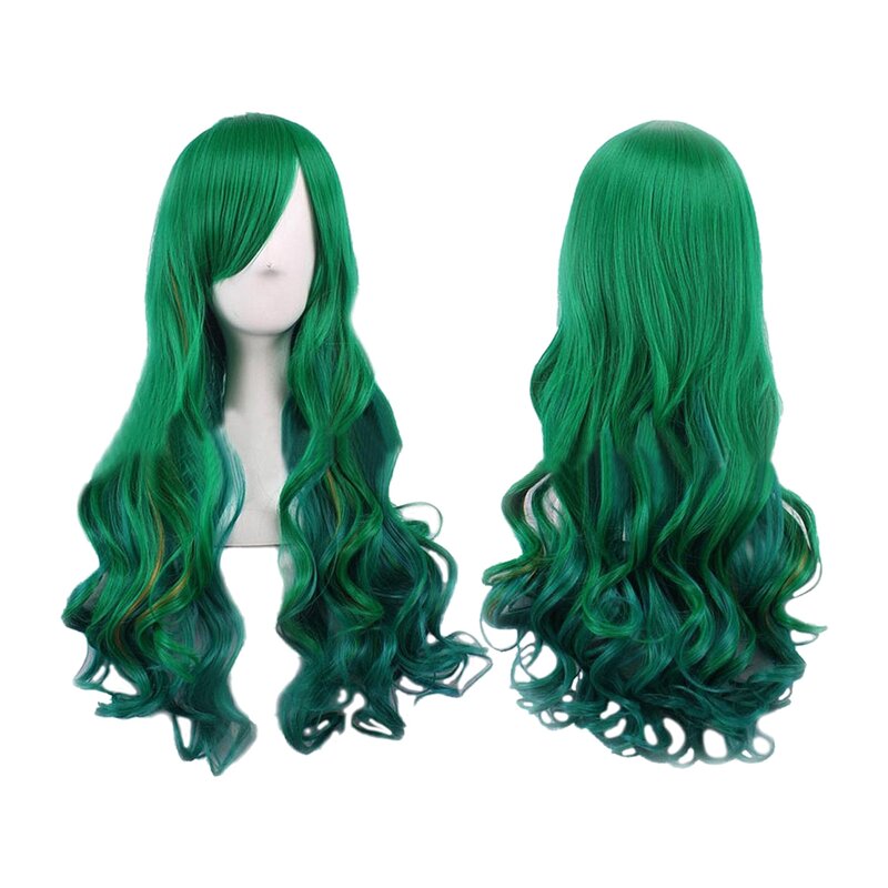 Wig wanita hijau gelap, wig wanita hijau tua, wig panjang keriting, rambut palsu 68CM untuk wanita, Cosplay Bar koktail
