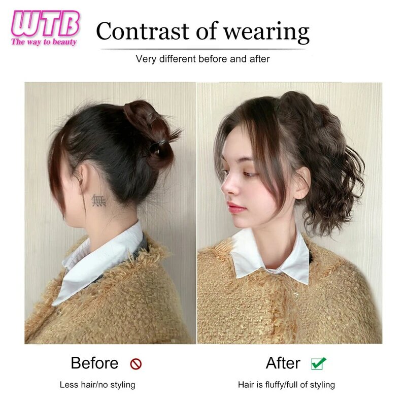 WTB Wig ekor kuda sintetis wanita, rambut palsu alami halus klip menangkap kecil keriting pendek