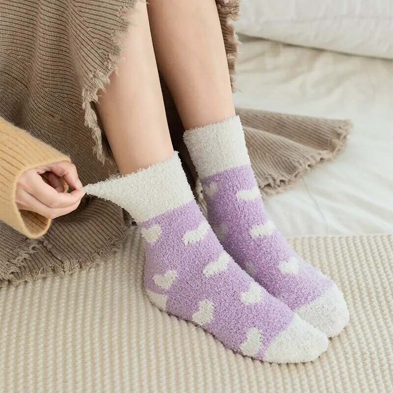 New Lovely Heart Coral Velvet Kawaii Socks Women Cute Autumn Winter Warm Socks Japanese Style Harajuku Thermal Sleep Floor Sock