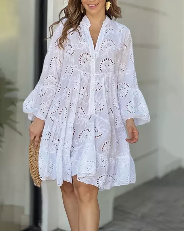 2024 Hollow Out Dresses for Women Summer Elegant Vintage Solid Lace Dress V-neck Loose Embroidery Vestidos Beach Mini Dresses